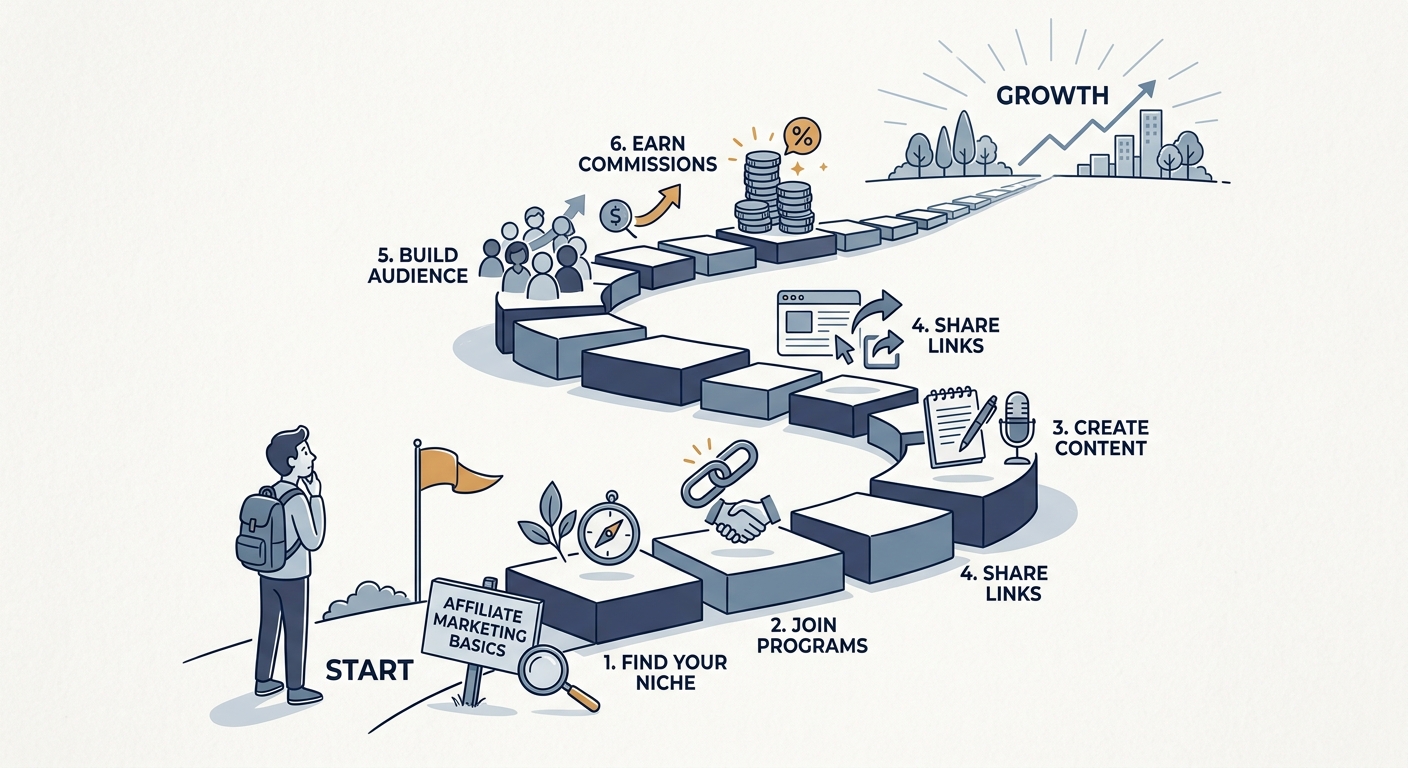 Editorial illustration showing a beginner entering the affiliate marketing world through clear content, trust, and product recommendations for the affiliate marketing for beginners guide