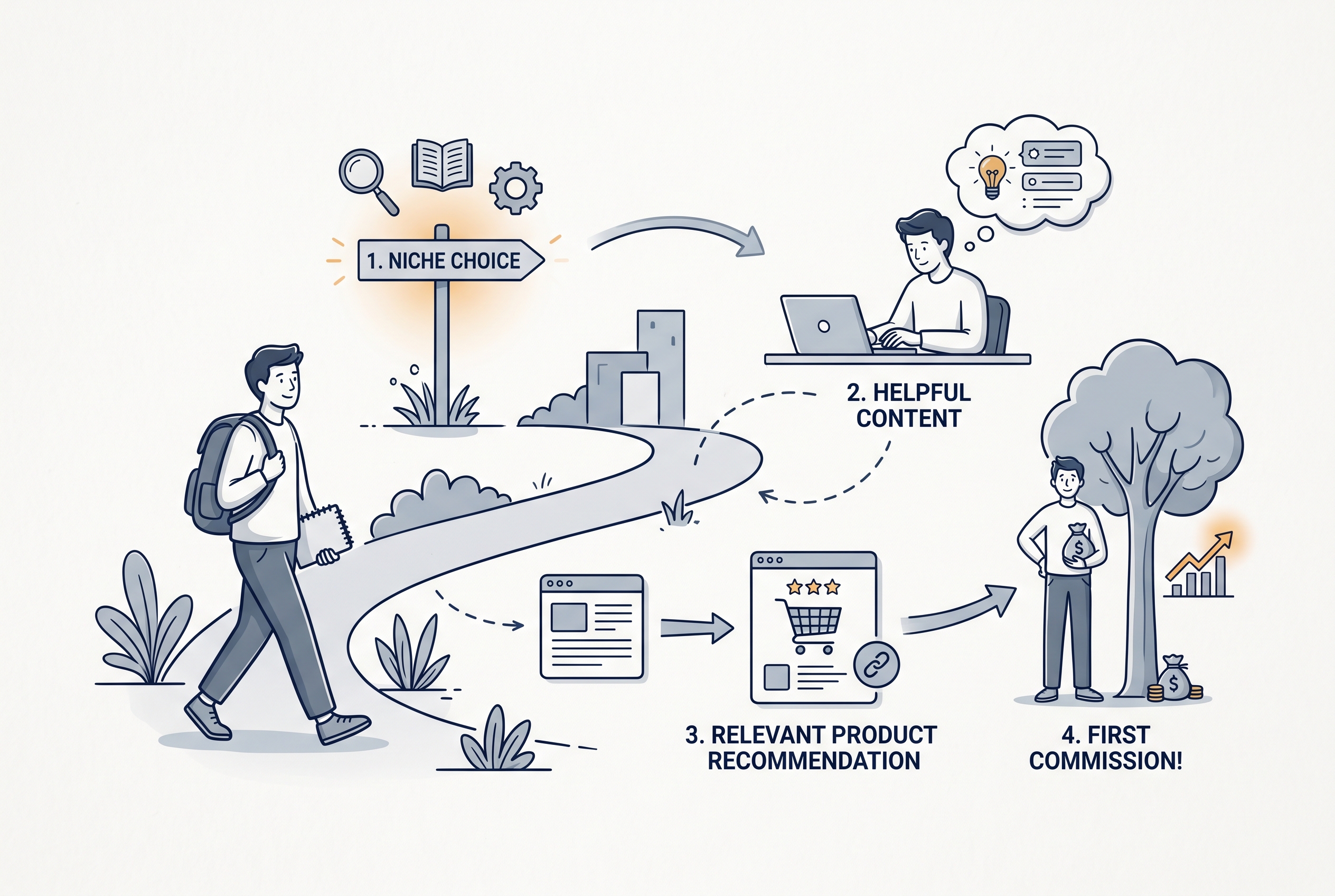 Calm editorial illustration showing a beginner path from niche to content to recommendation to first commission for the visual beginner breakdown inside the affiliate marketing for beginners guide