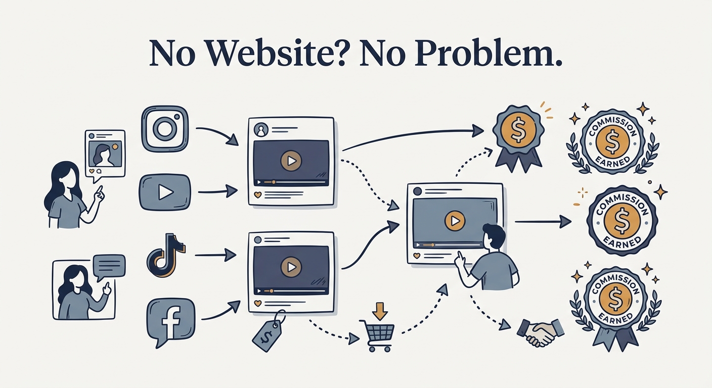 Editorial illustration showing social media and video content paths leading to commissions without a central website for the no-website affiliate marketing guide