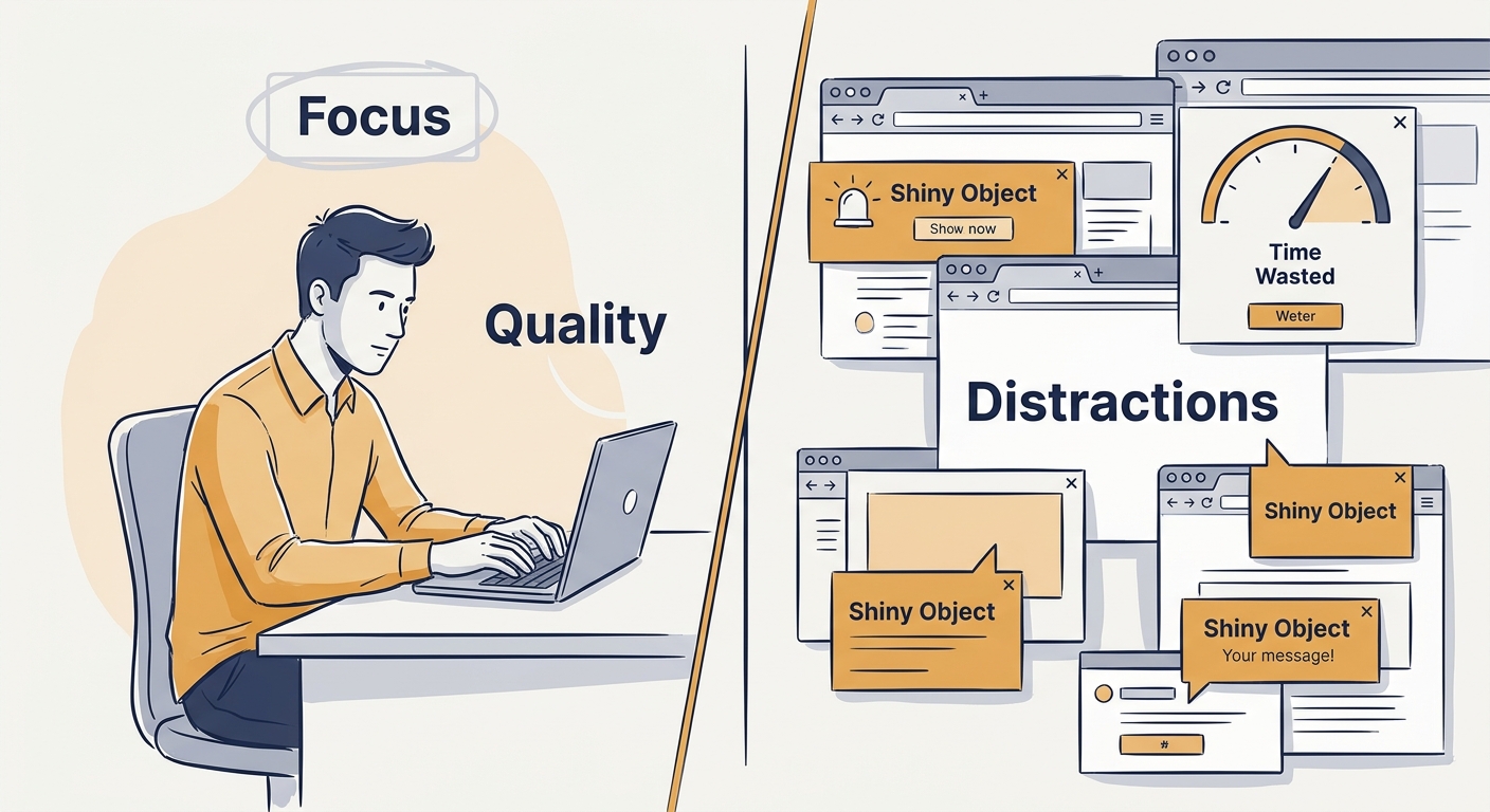 Editorial illustration showing focus versus distractions in affiliate marketing traffic generation for the guide on avoiding affiliate traffic mistakes