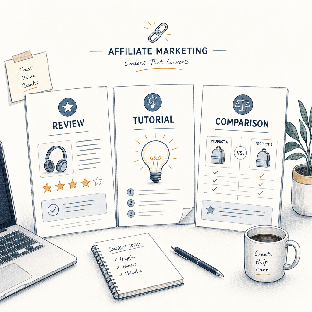 Editorial illustration showing different content formats like reviews, tutorials, and comparisons on a clean workspace for the guide on best affiliate content types