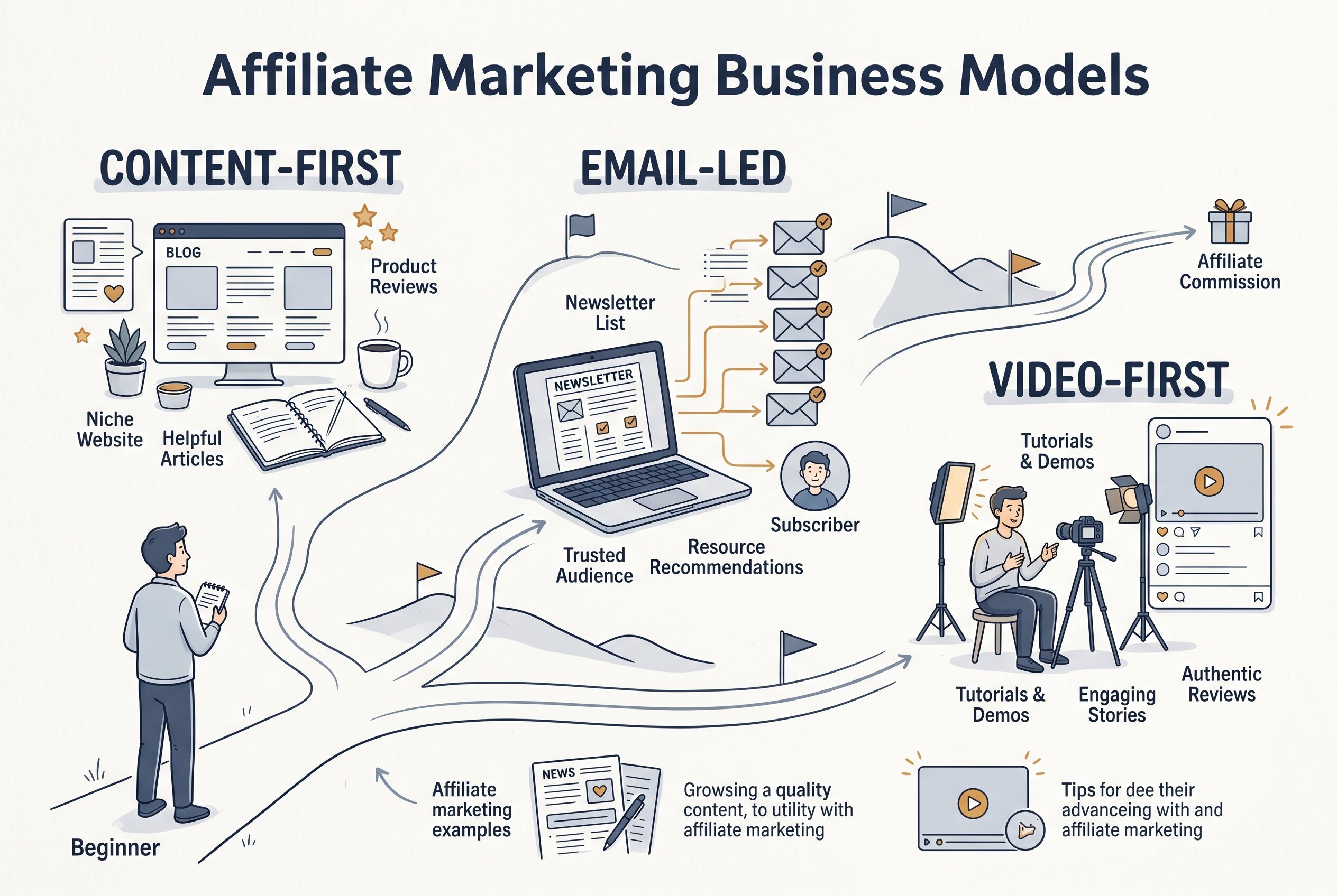 Editorial comparison illustration showing different beginner affiliate business-model paths for the best business model for beginners guide