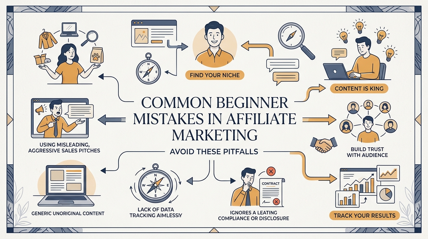 Editorial illustration showing common pitfalls and the clear, trust-based path forward in affiliate marketing for the common beginner mistakes guide