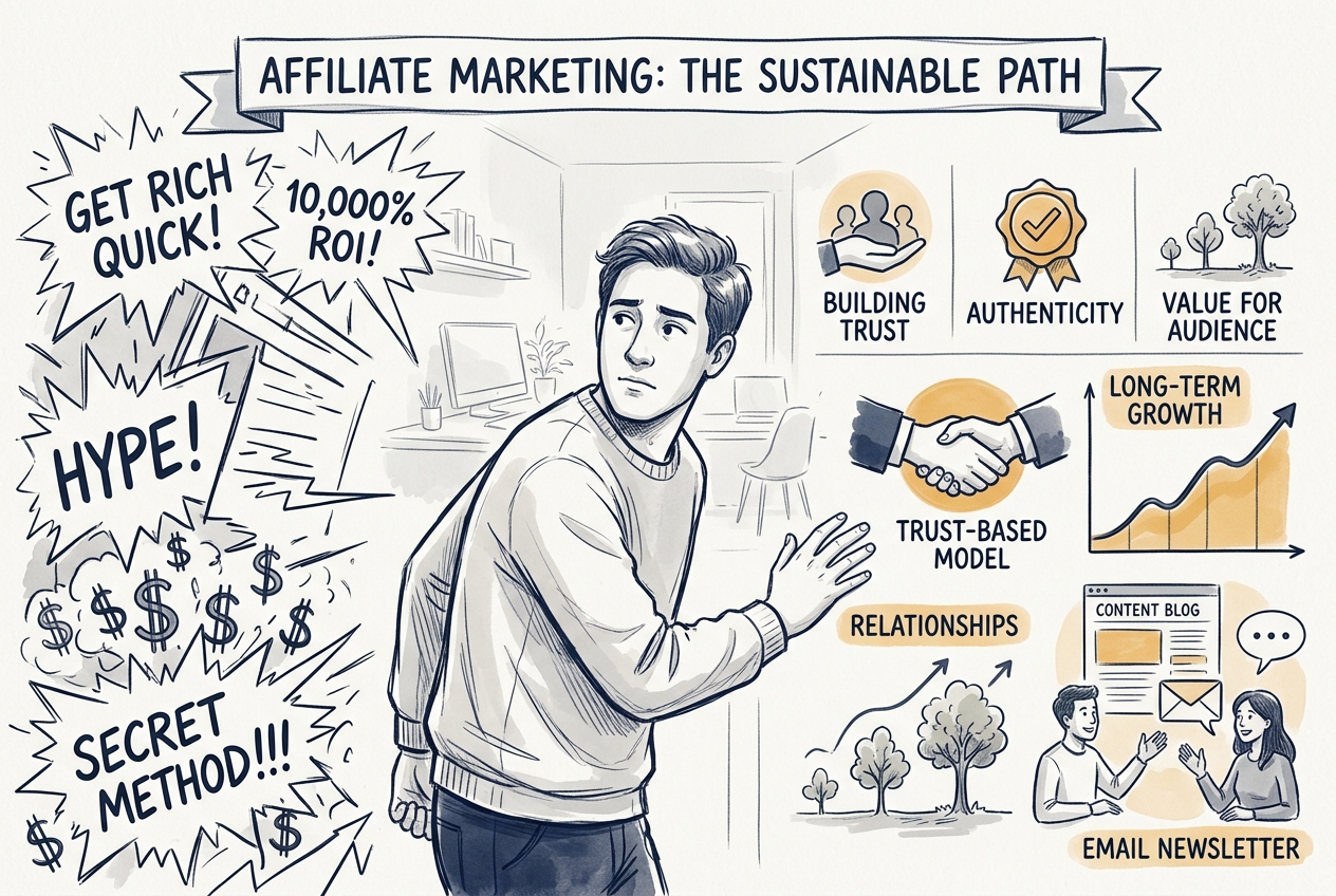 Editorial illustration showing the transition from hype-based marketing to trust-based recommendations for the visual guide to fixing beginner mistakes