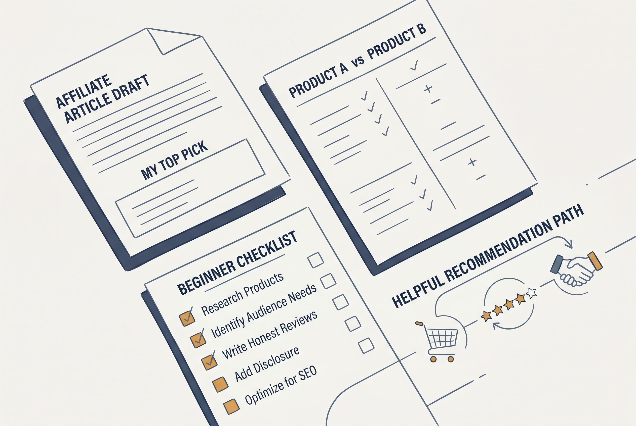 Editorial illustration showing beginner affiliate content formats, planning notes, and a helpful recommendation flow for the affiliate content creation guide