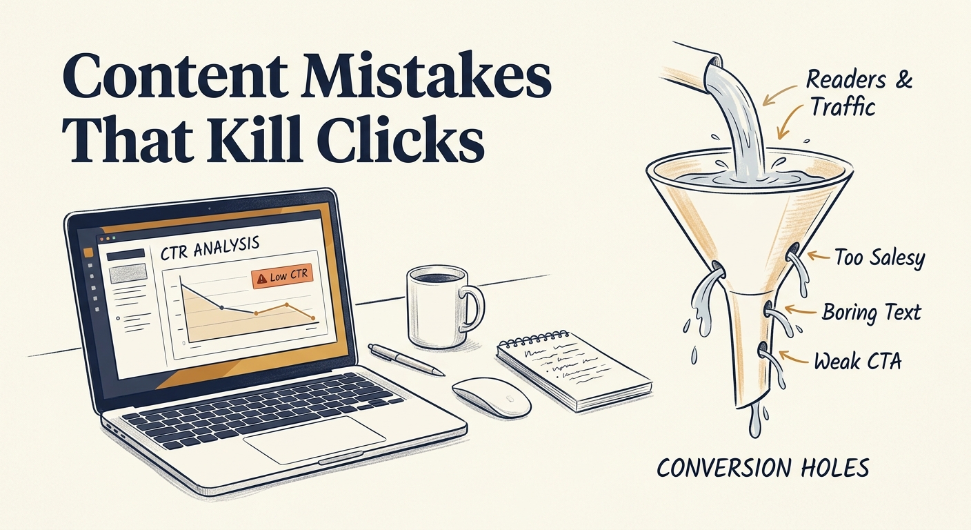 Editorial illustration showing a leaky funnel where potential clicks are being lost due to common content errors for the guide on affiliate content mistakes