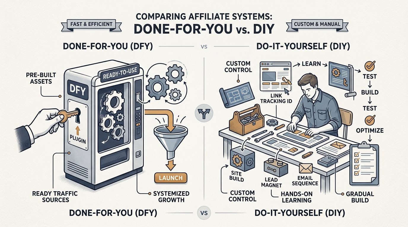 Editorial illustration comparing a pre-built professional affiliate system (DFY) with a manual step-by-step custom build (DIY) for the DFY vs DIY affiliate systems guide