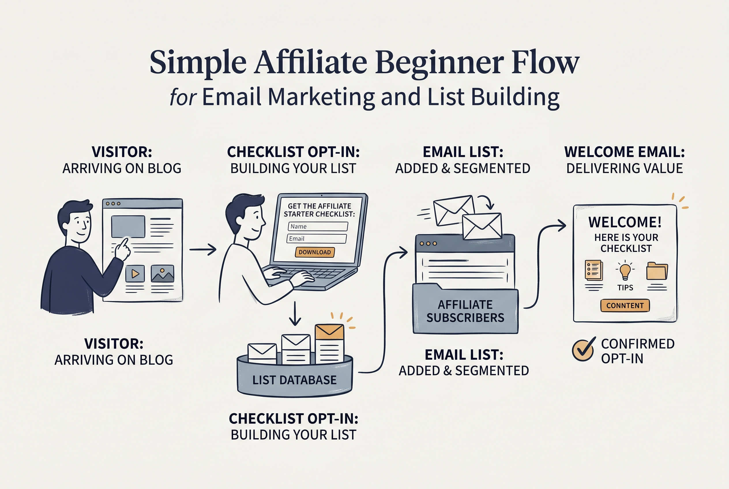 Editorial illustration showing a beginner email list flow from visitor to checklist opt-in to welcome email for the email marketing and list building guide