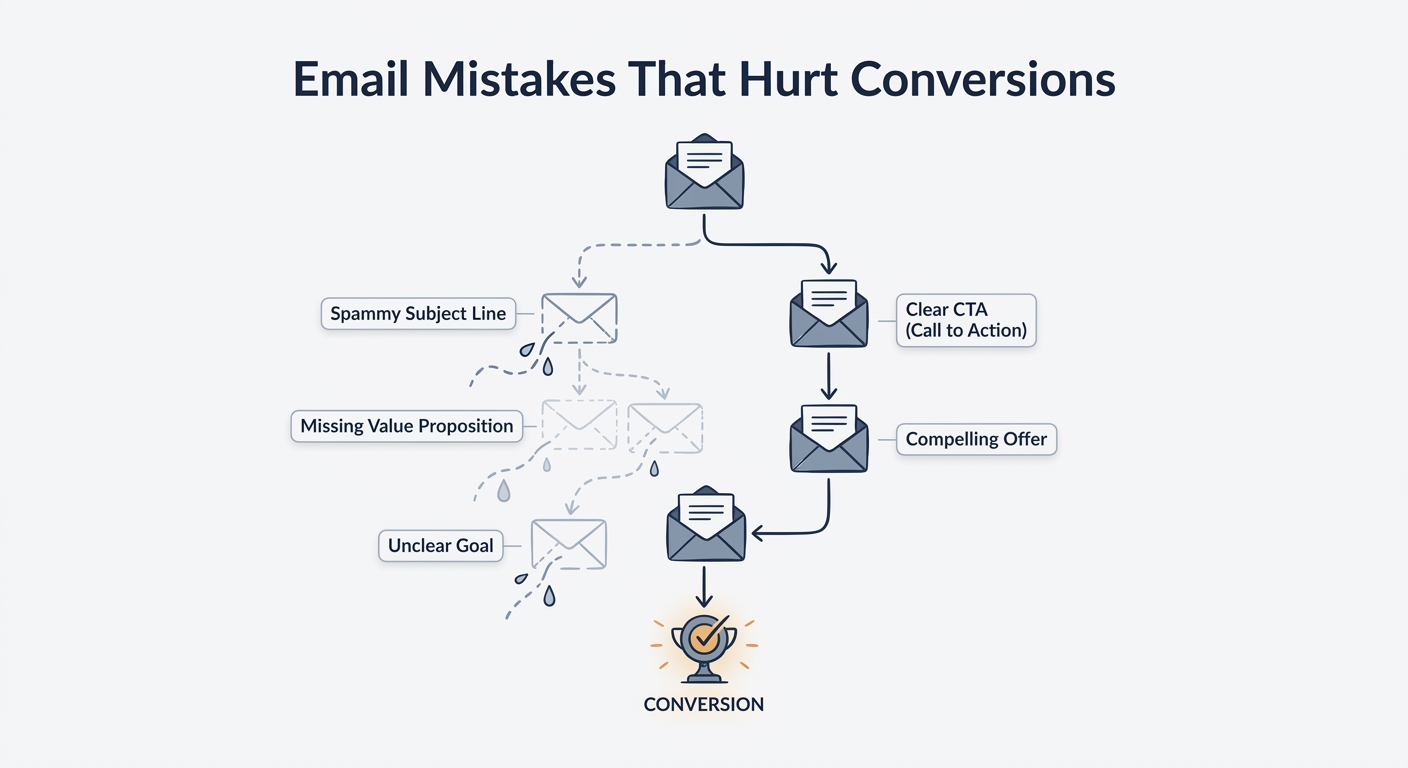 Editorial illustration showing a structured email sequence with leaks representing common errors like spammy subjects for the guide on email mistakes that hurt conversions