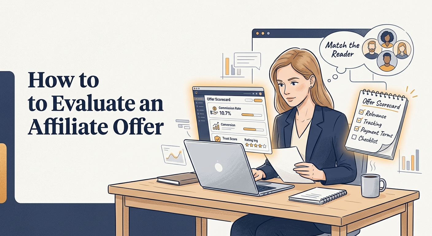 Editorial illustration of a beginner marketer using a scorecard to evaluate affiliate offers based on commissions, trust, and fit for the affiliate offer evaluation guide