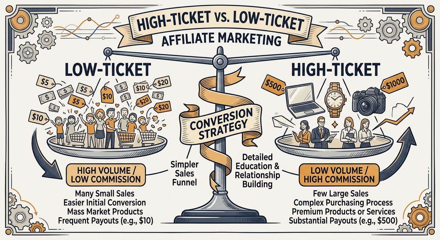 Editorial illustration comparing high-ticket and low-ticket affiliate marketing models with a focus on commission structure for the high-ticket vs low-ticket comparison guide