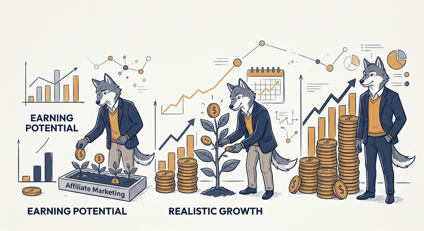 Editorial illustration showing a progression of earnings from a single coin to a growing chart, representing realistic compounding growth for the guide to affiliate marketing income expectations