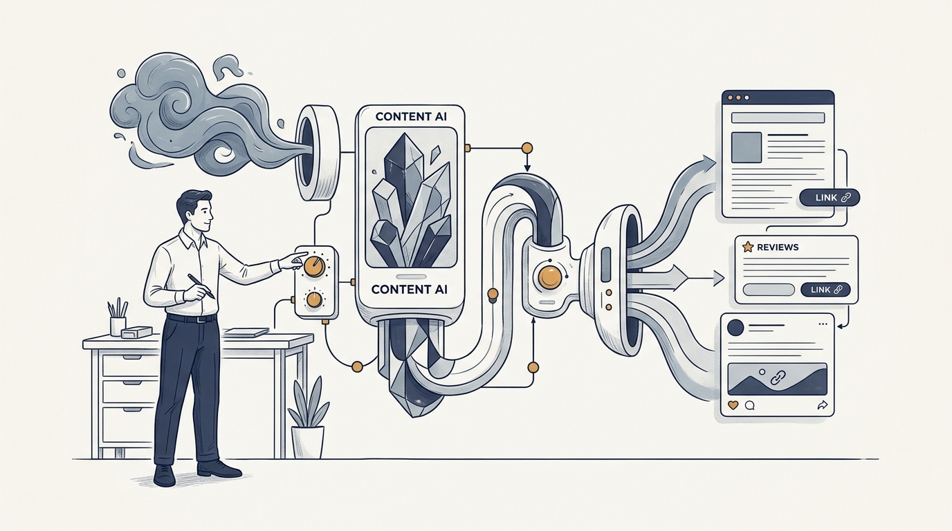 Editorial illustration showing a human figure guiding structured AI tools that are processing raw ideas into polished content elements for the guide on using AI for affiliate content