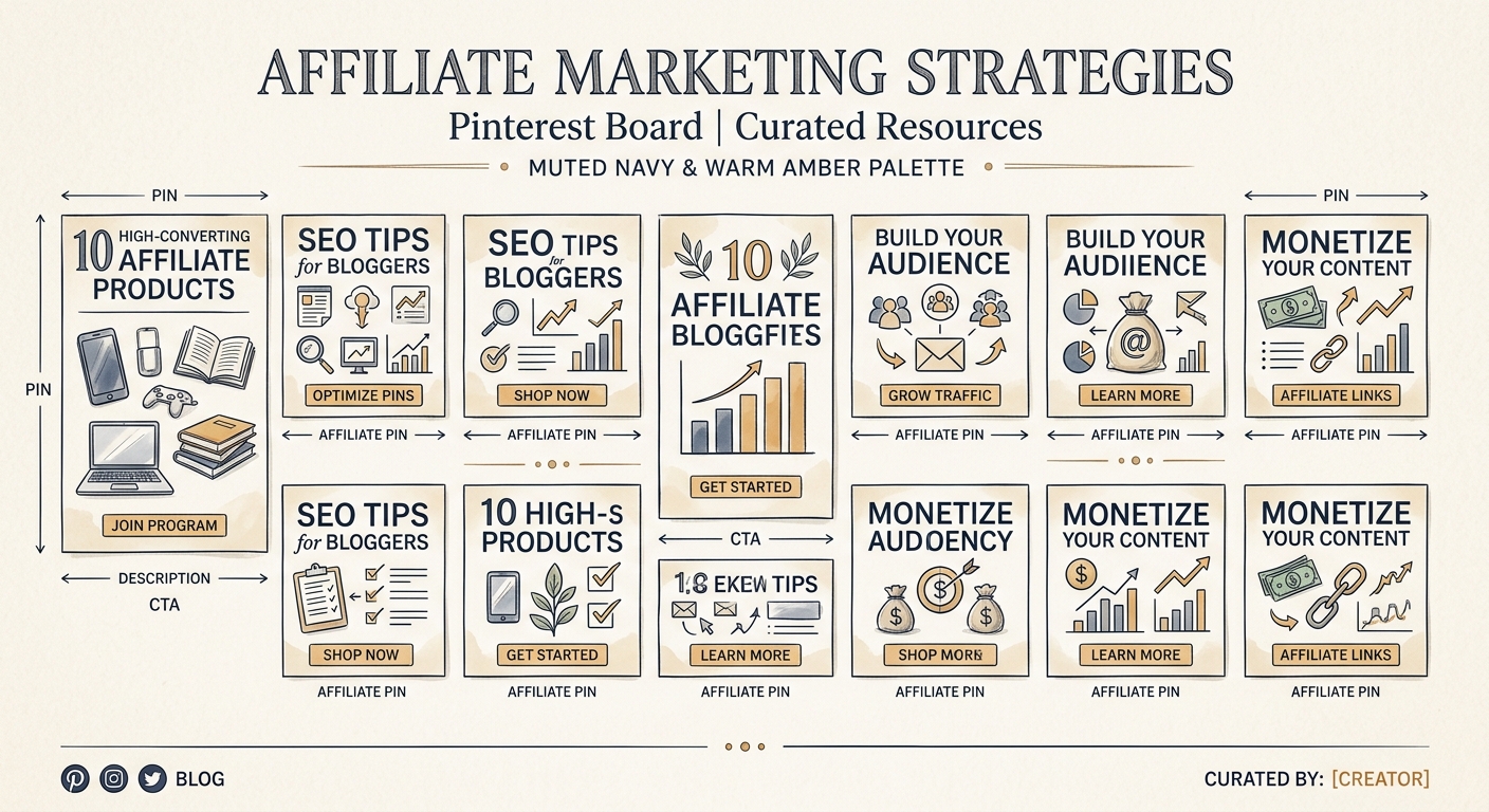 Editorial sketch of a Pinterest board with affiliate marketing pins, clean professional lines, muted navy and warm amber color palette for the Pinterest for affiliate marketing guide