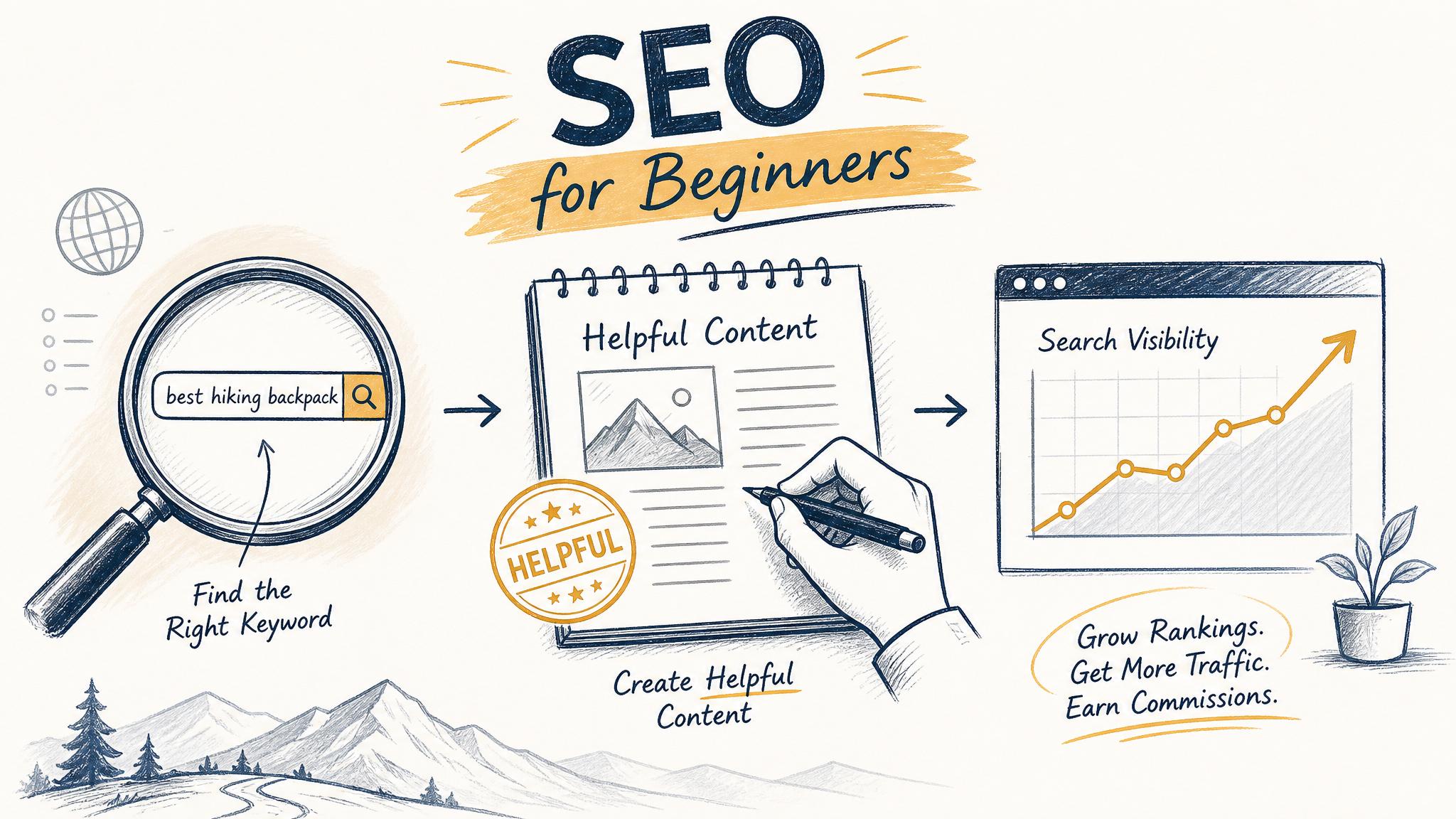 Editorial illustration showing a simple SEO process: a magnifying glass, a helpful document, and a rising visibility line for the beginner SEO guide for affiliate marketing