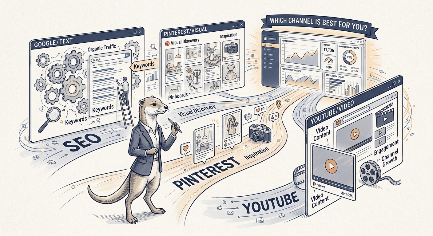 Editorial illustration comparing Google SEO, Pinterest, and YouTube paths for affiliate marketing for the beginner traffic channel comparison guide