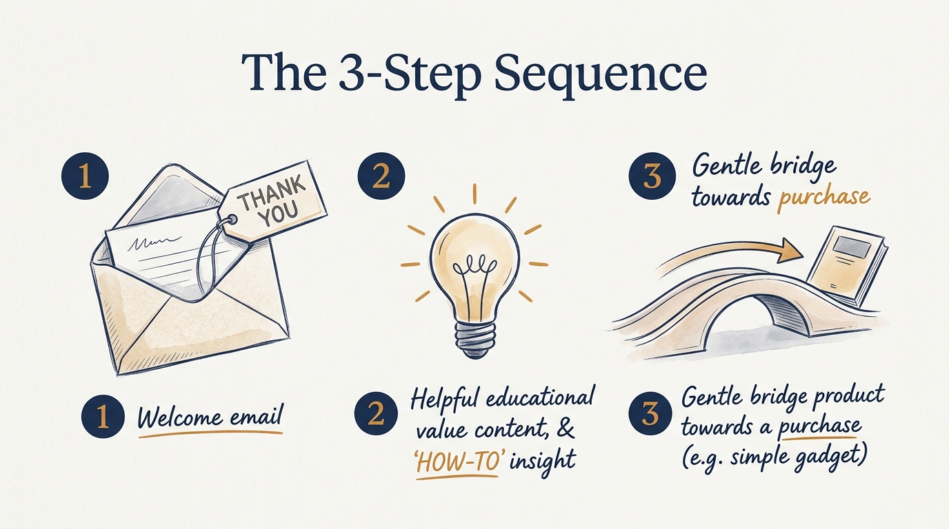 Editorial illustration showing a 3-step email sequence: welcome, education, and soft bridge for the simple affiliate email sequence guide