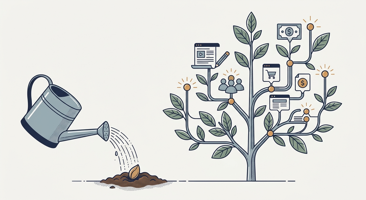 Editorial illustration showing a simple seed being watered and growing into a structured affiliate system for the small budget affiliate guide