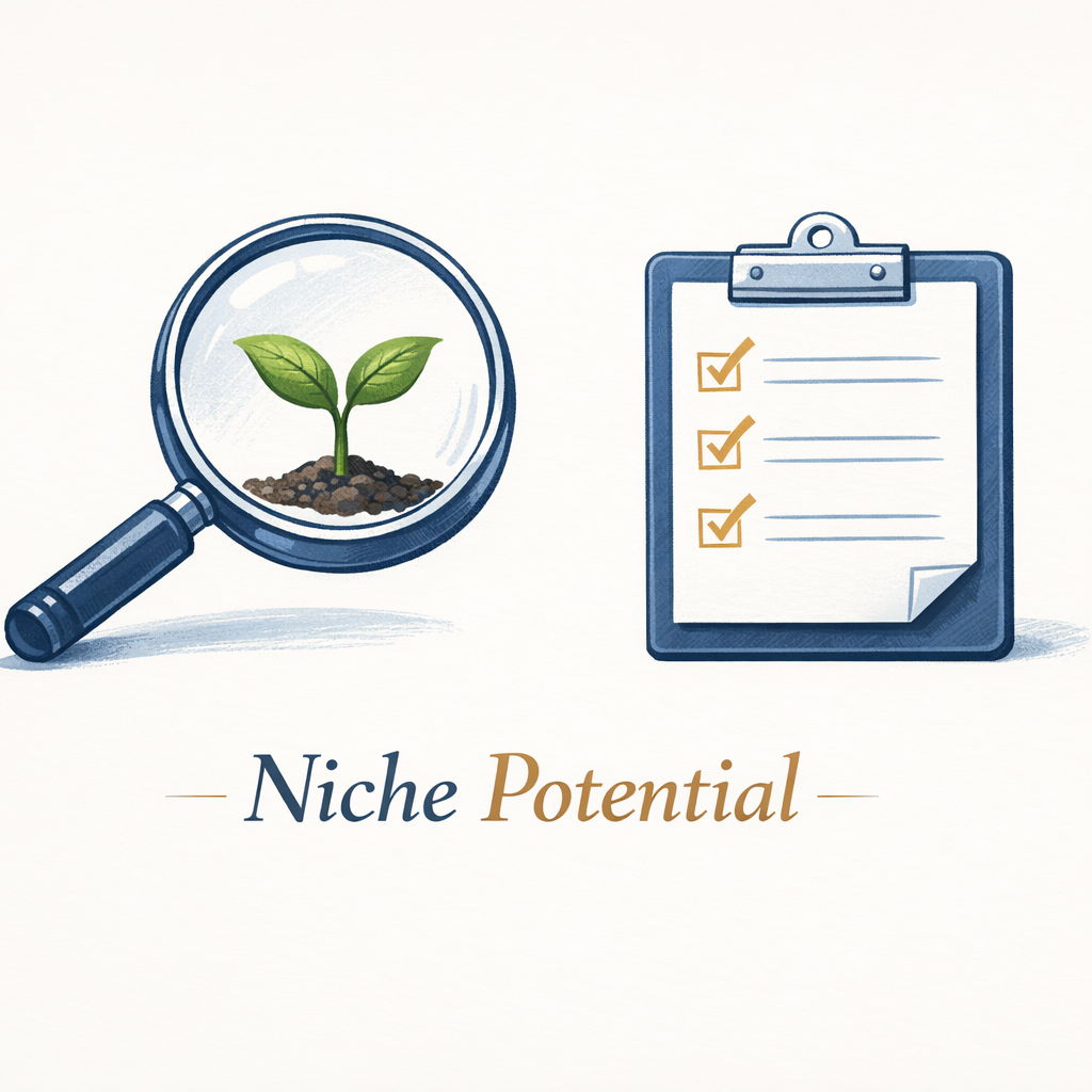 Editorial illustration showing a magnifying glass inspecting a seedling, representing the process of niche validation for the niche validation guide