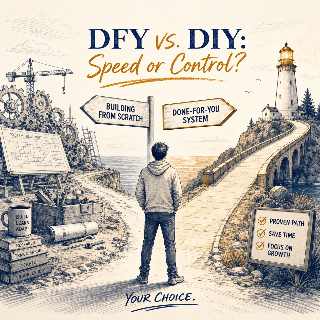 Editorial illustration of a beginner at a crossroads between building a complex system and using a ready-made bridge for the DFY vs DIY strategy guide