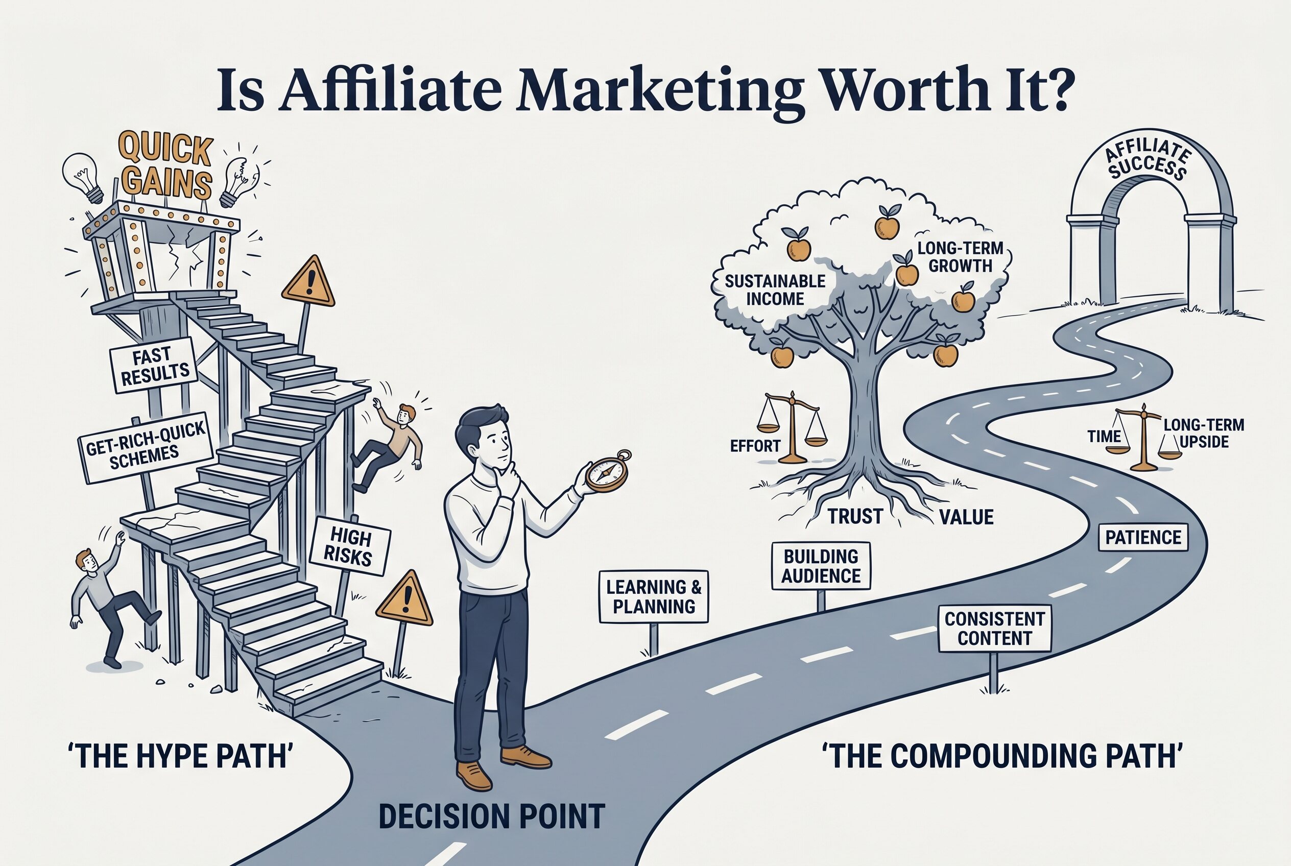Editorial illustration showing a beginner weighing effort, patience, and long-term upside in affiliate marketing for the affiliate marketing worth-it guide