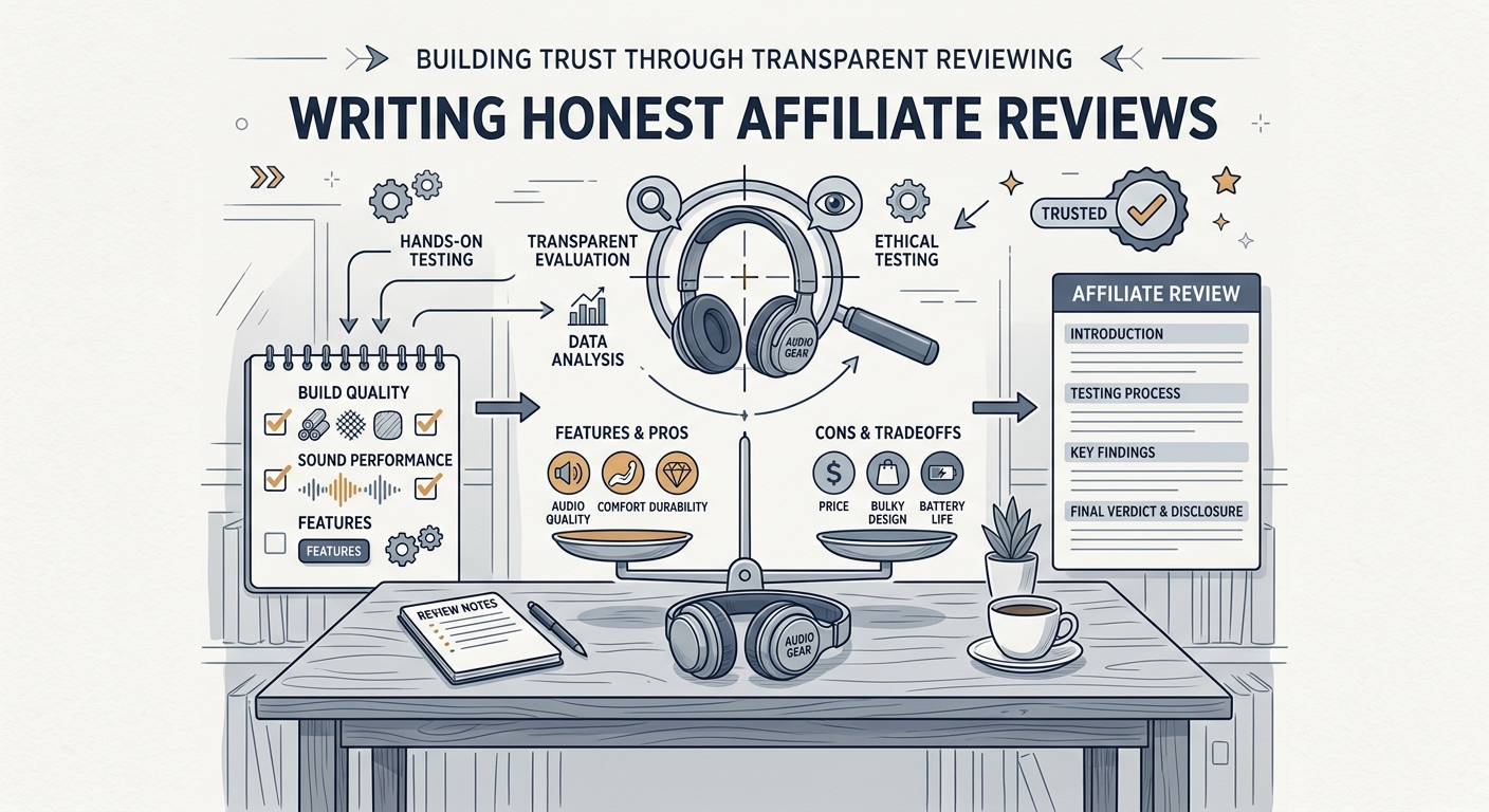 Editorial illustration of an honest review process showing a product, evaluation notes, and balanced scales for the guide on writing affiliate reviews