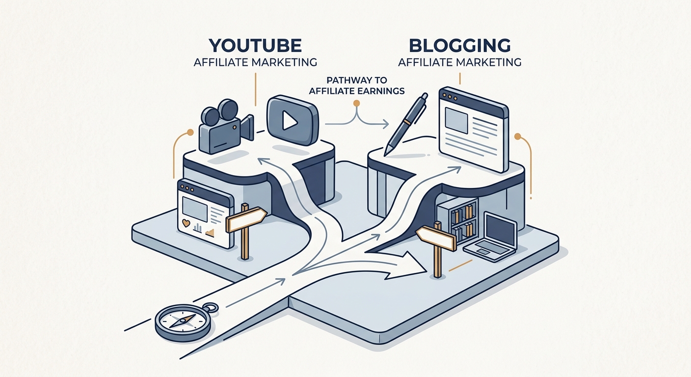 Editorial illustration showing a fork in a path leading to a camera station for YouTube and a writing station for Blogging for the YouTube vs Blogging comparison guide