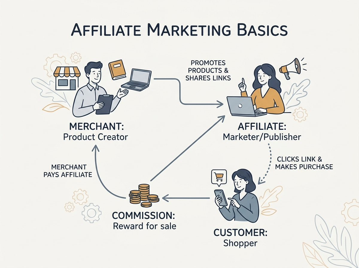 Simple diagram showing how affiliate marketing connects merchants, affiliates, and customers
