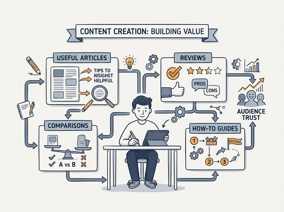 Editorial illustration of a content planning workflow for affiliate marketers