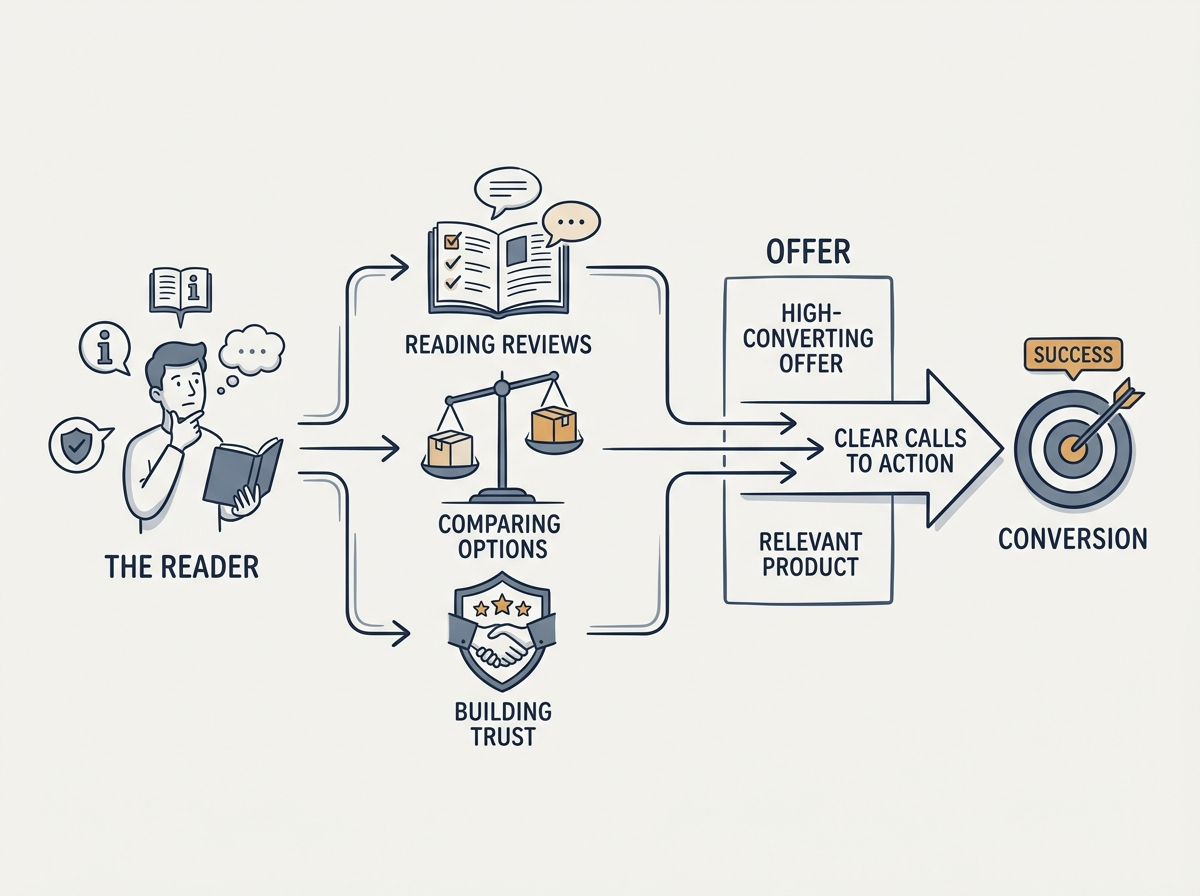 Diagram showing the path from reader interest to affiliate conversion