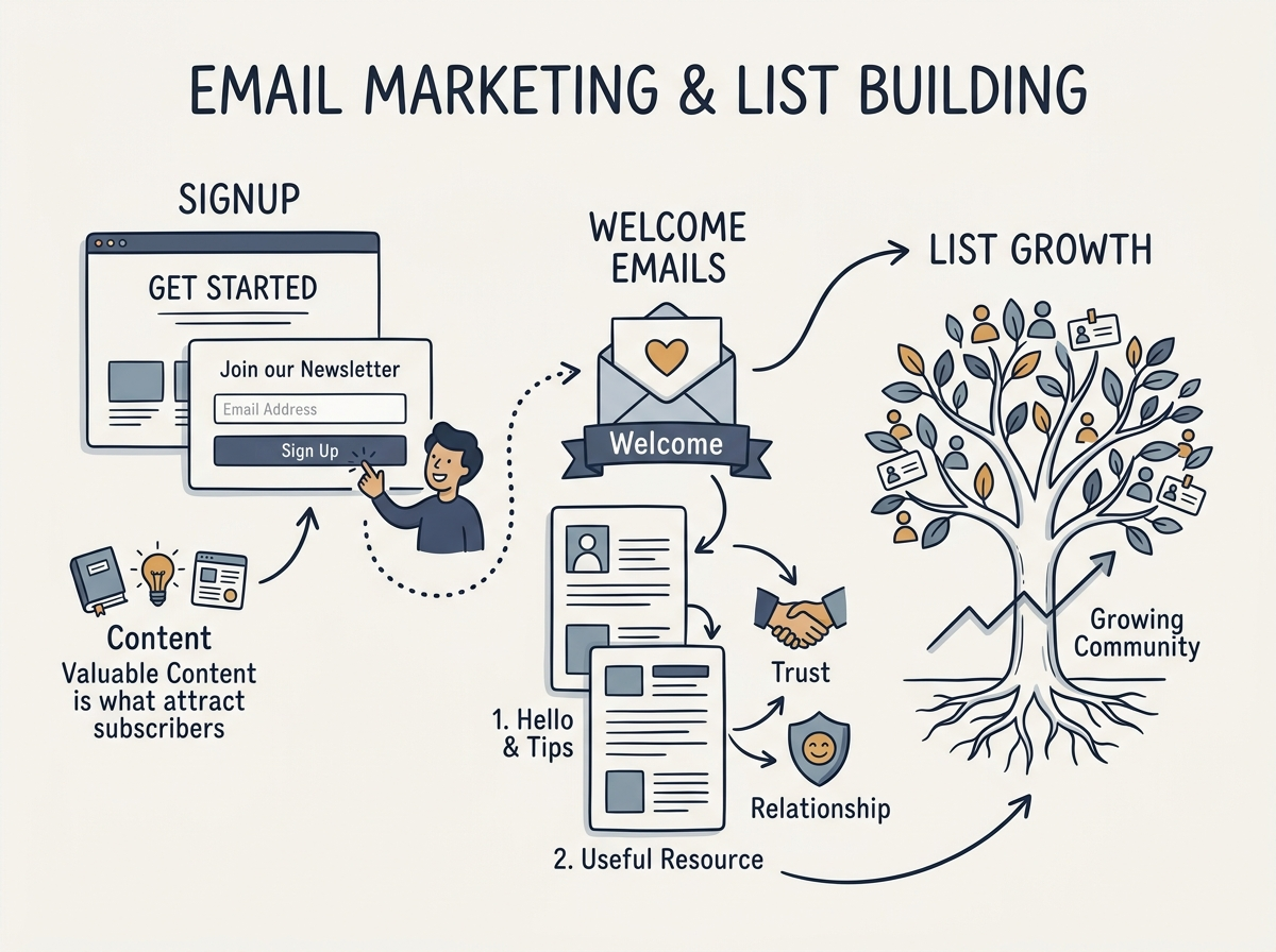 Illustration of an email opt-in and nurture sequence for affiliate marketing