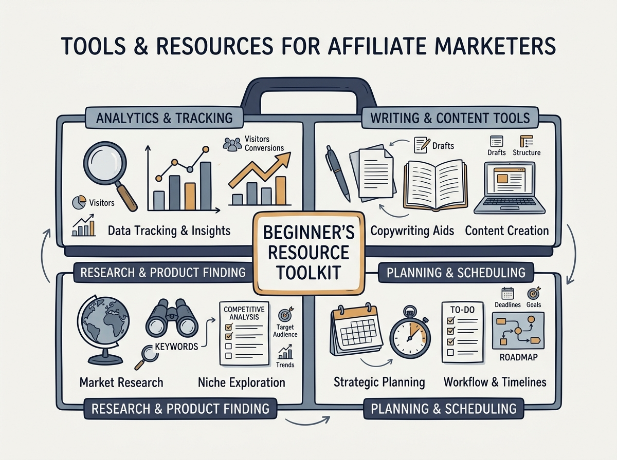Clean layout of essential affiliate marketing tools and platforms